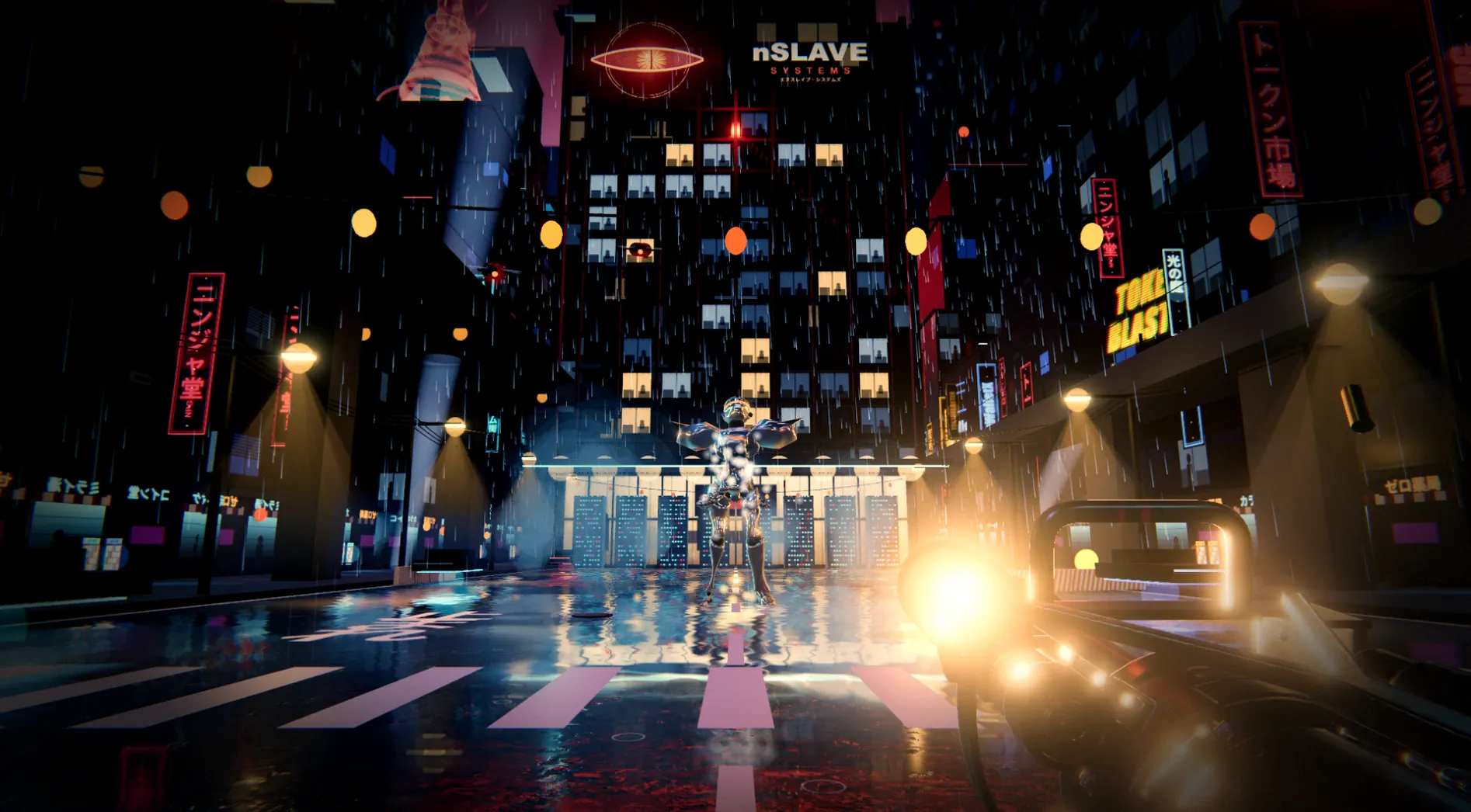 The Liquid Unit roars in the rain outside the TERRORNODE tower, Neo-Tokyo 2048